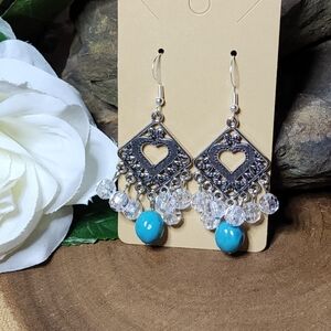 Hand Crafted Faux Turquoise and Silver Toned Heart Dangle Chandelier Earrings
